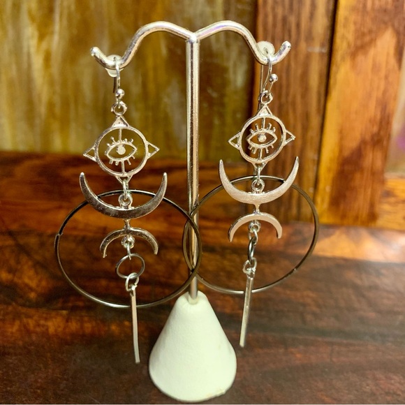 Celestial Geometric Evil Eye Mixed Metal Dangle Earrings - Picture 2 of 6